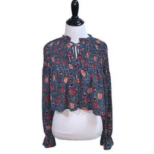 Ghospell Women's S Small Cropped Peasant Top w. Puff Sleeves Floral Smocked